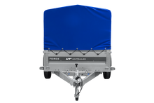 Laden Sie das Bild in den Galerie-Viewer, Einachsiger Anhänger mit Blattfedern 264×125 UNITRAILER FORCE 264/R KIPP mit H-800 Spriegel und blauer Plane-Neu