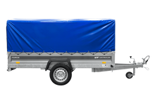 Laden Sie das Bild in den Galerie-Viewer, Einachsiger Anhänger mit Blattfedern 264×125 UNITRAILER FORCE 264/R KIPP mit H-800 Spriegel und blauer Plane-Neu