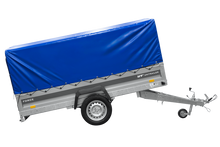 Laden Sie das Bild in den Galerie-Viewer, Einachsiger Anhänger mit Blattfedern 264×125 UNITRAILER FORCE 264/R KIPP mit H-800 Spriegel und blauer Plane-Neu