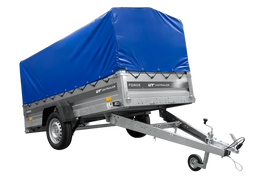 Einachsiger Anhänger mit Blattfedern 264×125 UNITRAILER FORCE 264/R KIPP mit H-800 Spriegel und blauer Plane-Neu