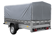 Laden Sie das Bild in den Galerie-Viewer, Einachsiger Anhänger mit Blattfedern 264×125 UNITRAILER FORCE 264/R KIPP mit H-800 Spriegel und grauer Plane-Neu