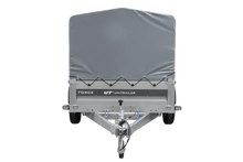 Laden Sie das Bild in den Galerie-Viewer, Einachsiger Anhänger mit Blattfedern 264×125 UNITRAILER FORCE 264/R KIPP mit H-800 Spriegel und grauer Plane-Neu