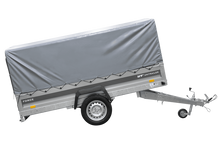 Laden Sie das Bild in den Galerie-Viewer, Einachsiger Anhänger mit Blattfedern 264×125 UNITRAILER FORCE 264/R KIPP mit H-800 Spriegel und grauer Plane-Neu