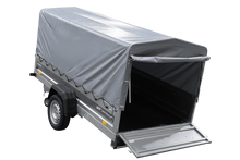 Laden Sie das Bild in den Galerie-Viewer, Einachsiger Anhänger mit Blattfedern 264×125 UNITRAILER FORCE 264/R KIPP mit H-800 Spriegel und grauer Plane-Neu