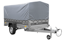 Laden Sie das Bild in den Galerie-Viewer, Einachsiger Anhänger mit Blattfedern 264×125 UNITRAILER FORCE 264/R KIPP mit H-800 Spriegel und grauer Plane-Neu