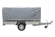 Laden Sie das Bild in den Galerie-Viewer, Einachsiger Anhänger mit Blattfedern 264×125 UNITRAILER FORCE 264/R KIPP mit H-800 Spriegel und grauer Plane-Neu