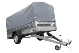 Einachsiger Anhänger mit Blattfedern 264×125 UNITRAILER FORCE 264/R KIPP mit H-800 Spriegel und grauer Plane-Neu