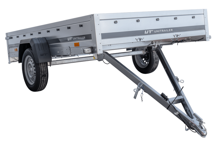 PKW-Anhänger 264×150 UNITRAILER GARDEN 265 KIPP mit Gitteraufsatz, Hochspriegel H-800 und grauer Plane-Neu