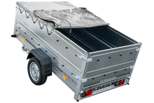 Laden Sie das Bild in den Galerie-Viewer, Faltbarer Anhänger GARDEN TRAILER 230 KIPP mit zusätzlichen Bordwänden, Stützrad und Flachplane-Neu