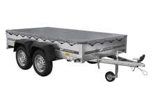 Laden Sie das Bild in den Galerie-Viewer, GARDEN TRAILER 264/2 KIPP MIT STÜTZRAD, GRAUE FLACHPLANE UND PLANENTRÄGER-Neu