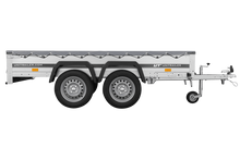 Laden Sie das Bild in den Galerie-Viewer, GARDEN TRAILER 264/2 KIPP MIT STÜTZRAD, GRAUE FLACHPLANE UND PLANENTRÄGER-Neu