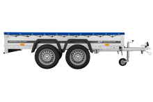 Laden Sie das Bild in den Galerie-Viewer, GARDEN TRAILER 264/2 KIPP MIT STÜTZRAD, PLANENTRÄGER UND BLAUER FLACHPLANE-Neu