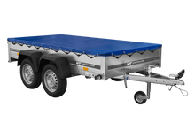 Laden Sie das Bild in den Galerie-Viewer, GARDEN TRAILER 264/2 KIPP MIT STÜTZRAD, PLANENTRÄGER UND BLAUER FLACHPLANE-Neu