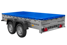 Laden Sie das Bild in den Galerie-Viewer, GARDEN TRAILER 264/2 KIPP MIT STÜTZRAD, PLANENTRÄGER UND BLAUER FLACHPLANE-Neu