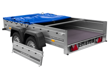 Laden Sie das Bild in den Galerie-Viewer, GARDEN TRAILER 264/2 KIPP MIT STÜTZRAD, PLANENTRÄGER UND BLAUER FLACHPLANE-Neu