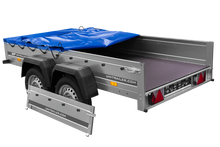 Laden Sie das Bild in den Galerie-Viewer, GARDEN TRAILER 264/2 KIPP MIT STÜTZRAD, PLANENTRÄGER UND BLAUER FLACHPLANE-Neu