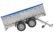 Laden Sie das Bild in den Galerie-Viewer, GARDEN TRAILER 264/2 KIPP Zweiachsanhänger mit Stützrad, Planenträgern, zus. Bordwänden und blauer Flachplane-Neu