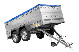 GARDEN TRAILER 264/2 KIPP Zweiachsanhänger mit Stützrad, Planenträgern, zus. Bordwänden und blauer Flachplane-Neu