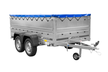 Laden Sie das Bild in den Galerie-Viewer, GARDEN TRAILER 264/2 KIPP Zweiachsanhänger mit Stützrad, Planenträgern, zus. Bordwänden und blauer Flachplane-Neu