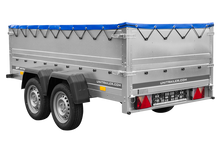 Laden Sie das Bild in den Galerie-Viewer, GARDEN TRAILER 264/2 KIPP Zweiachsanhänger mit Stützrad, Planenträgern, zus. Bordwänden und blauer Flachplane-Neu