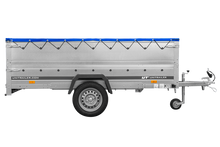 Laden Sie das Bild in den Galerie-Viewer, Großer Anhänger 750 kg GARDEN TRAILER 264 KIPP mit Bordwandaufsatz [zusätzliche 40 cm], Stützrad und blauer Flachplane-Neu