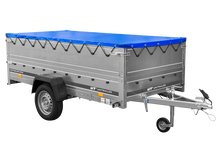 Laden Sie das Bild in den Galerie-Viewer, Großer Anhänger 750 kg GARDEN TRAILER 264 KIPP mit Bordwandaufsatz [zusätzliche 40 cm], Stützrad und blauer Flachplane-Neu