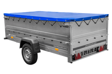 Laden Sie das Bild in den Galerie-Viewer, Großer Anhänger 750 kg GARDEN TRAILER 264 KIPP mit Bordwandaufsatz [zusätzliche 40 cm], Stützrad und blauer Flachplane-Neu