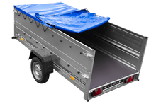 Laden Sie das Bild in den Galerie-Viewer, Großer Anhänger 750 kg GARDEN TRAILER 264 KIPP mit Bordwandaufsatz [zusätzliche 40 cm], Stützrad und blauer Flachplane-Neu