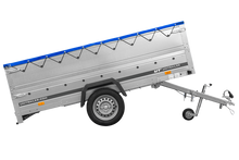 Laden Sie das Bild in den Galerie-Viewer, Großer Anhänger 750 kg GARDEN TRAILER 264 KIPP mit Bordwandaufsatz [zusätzliche 40 cm], Stützrad und blauer Flachplane-Neu