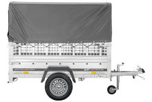 Laden Sie das Bild in den Galerie-Viewer, Kippanhänger Garden Trailer 200 KIPP 200×106 cm 750 kg mit Laubgitteraufsatz, Hochplane, Hochspriegel und Stützrad-Neu