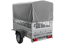 Laden Sie das Bild in den Galerie-Viewer, Kippanhänger Garden Trailer 200 KIPP 200×106 cm 750 kg mit Laubgitteraufsatz, Hochplane, Hochspriegel und Stützrad-Neu