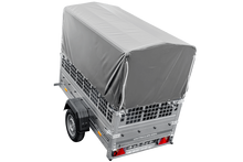 Laden Sie das Bild in den Galerie-Viewer, Kippanhänger Garden Trailer 200 KIPP 200×106 cm 750 kg mit Laubgitteraufsatz, Hochplane, Hochspriegel und Stützrad-Neu