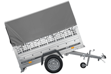 Laden Sie das Bild in den Galerie-Viewer, Kippanhänger Garden Trailer 200 KIPP 200×106 cm 750 kg mit Laubgitteraufsatz, Hochplane, Hochspriegel und Stützrad-Neu