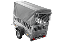 Laden Sie das Bild in den Galerie-Viewer, Kippanhänger Garden Trailer 200 KIPP 200×106 cm 750 kg mit Laubgitteraufsatz, Hochplane, Hochspriegel und Stützrad-Neu
