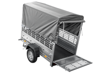 Laden Sie das Bild in den Galerie-Viewer, Kippanhänger Garden Trailer 200 KIPP 200×106 cm 750 kg mit Laubgitteraufsatz, Hochplane, Hochspriegel und Stützrad-Neu