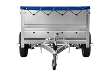 Laden Sie das Bild in den Galerie-Viewer, Leichtanhänger auf Blattfedern 200×125 UNITRAILER GARDEN 201/R KIPP mit BIS-Seiten, H-0-Rahmen und blauer Plane-Neu