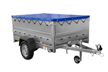 Laden Sie das Bild in den Galerie-Viewer, Leichtanhänger auf Blattfedern 200×125 UNITRAILER GARDEN 201/R KIPP mit BIS-Seiten, H-0-Rahmen und blauer Plane-Neu