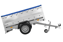 Laden Sie das Bild in den Galerie-Viewer, Leichtanhänger auf Blattfedern 200×125 UNITRAILER GARDEN 201/R KIPP mit BIS-Seiten, H-0-Rahmen und blauer Plane-Neu