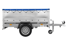 Laden Sie das Bild in den Galerie-Viewer, Leichtanhänger auf Blattfedern 200×125 UNITRAILER GARDEN 201/R KIPP mit BIS-Seiten, H-0-Rahmen und blauer Plane-Neu