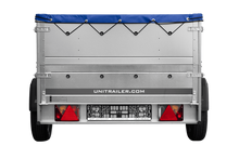 Laden Sie das Bild in den Galerie-Viewer, Leichtanhänger auf Blattfedern 200×125 UNITRAILER GARDEN 201/R KIPP mit BIS-Seiten, H-0-Rahmen und blauer Plane-Neu