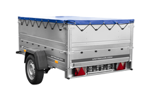 Laden Sie das Bild in den Galerie-Viewer, Leichtanhänger auf Blattfedern 200×125 UNITRAILER GARDEN 201/R KIPP mit BIS-Seiten, H-0-Rahmen und blauer Plane-Neu