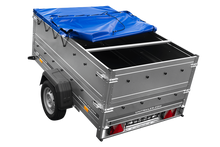 Laden Sie das Bild in den Galerie-Viewer, Leichtanhänger auf Blattfedern 200×125 UNITRAILER GARDEN 201/R KIPP mit BIS-Seiten, H-0-Rahmen und blauer Plane-Neu