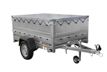 Laden Sie das Bild in den Galerie-Viewer, Leichtanhänger auf Blattfedern 200×125 UNITRAILER GARDEN 201/R KIPP mit BIS-Seiten, H-0-Rahmen und grauer Plane-Neu