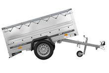 Laden Sie das Bild in den Galerie-Viewer, Leichtanhänger auf Blattfedern 200×125 UNITRAILER GARDEN 201/R KIPP mit BIS-Seiten, H-0-Rahmen und grauer Plane-Neu