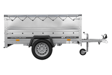 Laden Sie das Bild in den Galerie-Viewer, Leichtanhänger auf Blattfedern 200×125 UNITRAILER GARDEN 201/R KIPP mit BIS-Seiten, H-0-Rahmen und grauer Plane-Neu
