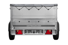 Laden Sie das Bild in den Galerie-Viewer, Leichtanhänger auf Blattfedern 200×125 UNITRAILER GARDEN 201/R KIPP mit BIS-Seiten, H-0-Rahmen und grauer Plane-Neu