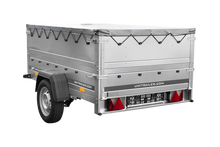Laden Sie das Bild in den Galerie-Viewer, Leichtanhänger auf Blattfedern 200×125 UNITRAILER GARDEN 201/R KIPP mit BIS-Seiten, H-0-Rahmen und grauer Plane-Neu