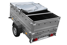 Laden Sie das Bild in den Galerie-Viewer, Leichtanhänger auf Blattfedern 200×125 UNITRAILER GARDEN 201/R KIPP mit BIS-Seiten, H-0-Rahmen und grauer Plane-Neu