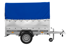 Laden Sie das Bild in den Galerie-Viewer, Leichtanhänger auf Blattfedern 200×125 UNITRAILER GARDEN 201/R KIPP mit BIS-Seiten, H-800-Rahmen und blauer Plane-Neu