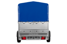Laden Sie das Bild in den Galerie-Viewer, Leichtanhänger auf Blattfedern 200×125 UNITRAILER GARDEN 201/R KIPP mit BIS-Seiten, H-800-Rahmen und blauer Plane-Neu